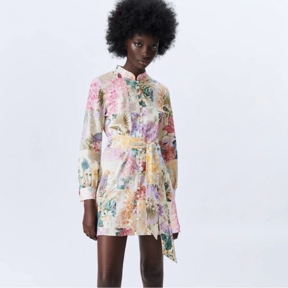 Zara Floral Multi Color Parrot Dress Size Small